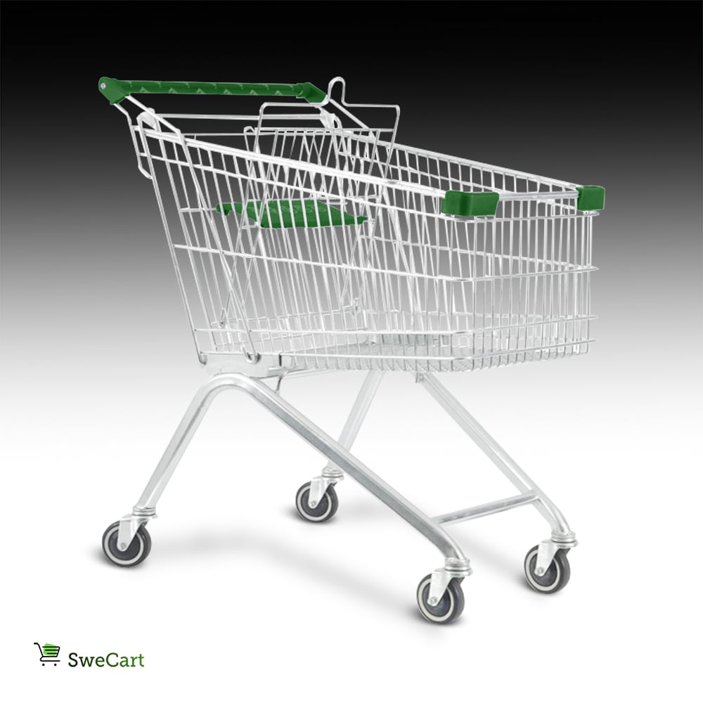 Kundvagn 100 liter – Swecart A-100 med öppen ram, ovala rör och svensktillverkade hjul för dagligvarubutik