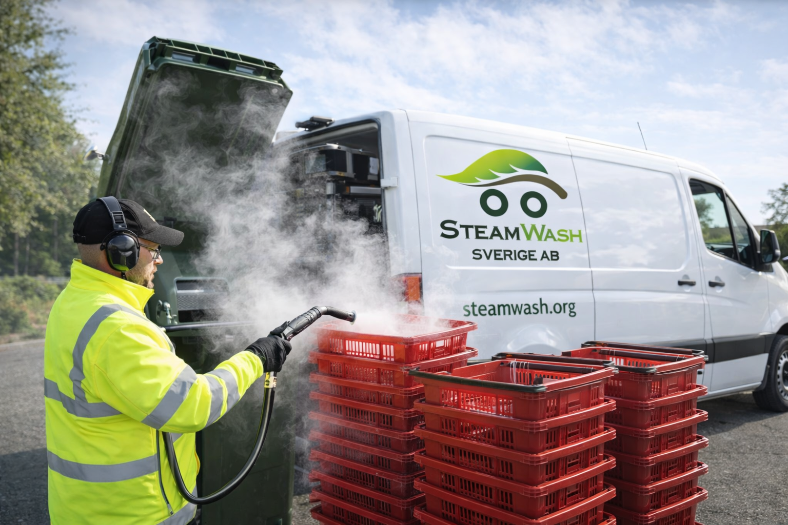 Professionell ångrengöring av kundkorgar med mobil utrustning från Steamwash Sverige AB.